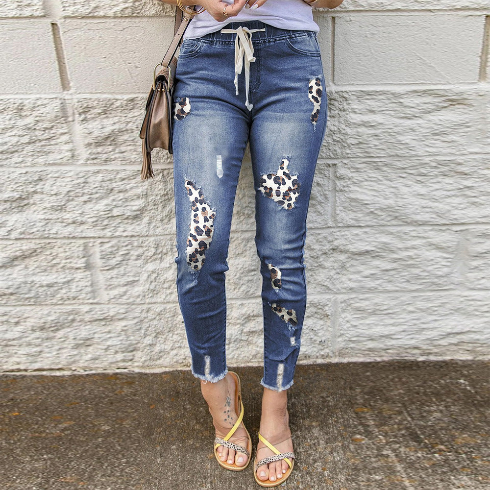 Damen modische Skinny-Jeans mit einzigartigem Leoparden-Design und Destroyed-Details Drune
