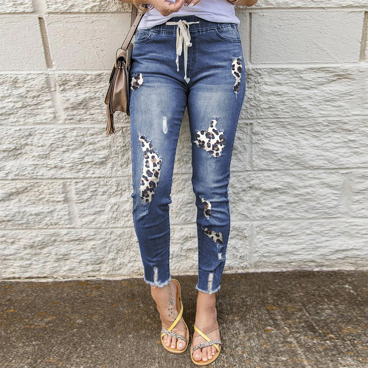 Damen modische Skinny-Jeans mit einzigartigem Leoparden-Design und Destroyed-Details Drune