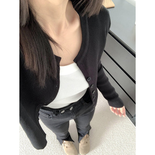 Damen Feiner Rippstrickcardigan mit langen Ärmeln und Knopfverschluss Drune