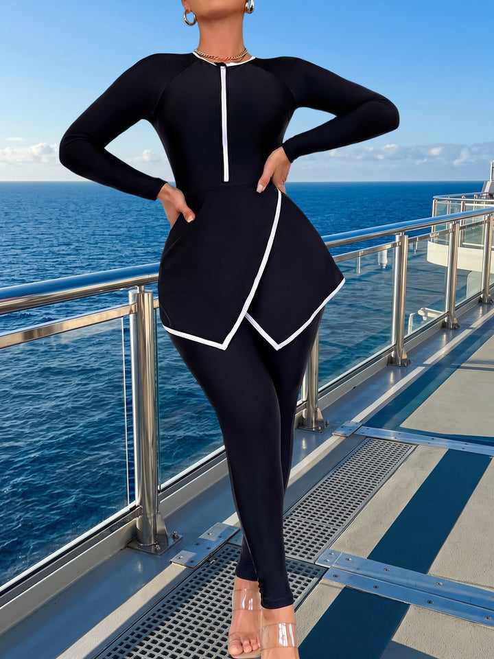 Damen modischer Langarm-Schwimmanzug mit Wickelrock Drune
