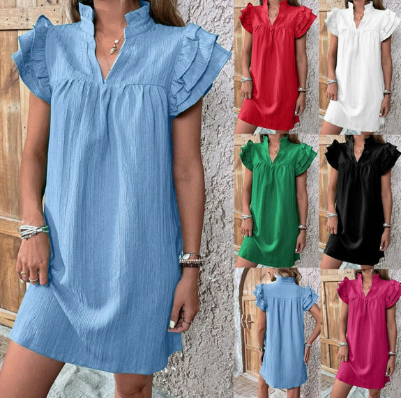 Damen Crinkle-Minikleid mit Stehkragen, V-Ausschnitt und Volantärmeln Drune
