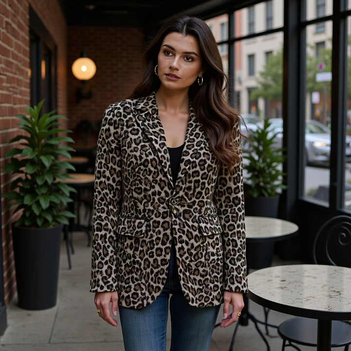 Damen Leopardenprint Bouclé-Blazer mit Reverskragen und aufgesetzten Pattentaschen Drune