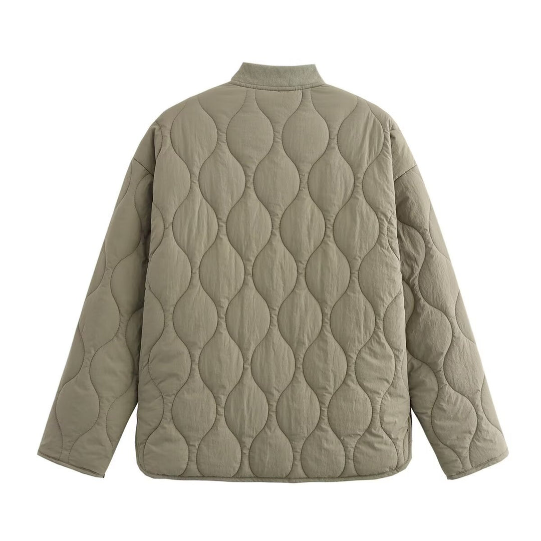 Damen gesteppte Kurzjacke mit Rundhals, dekorativer Knopfleiste und Pattentaschen Drune