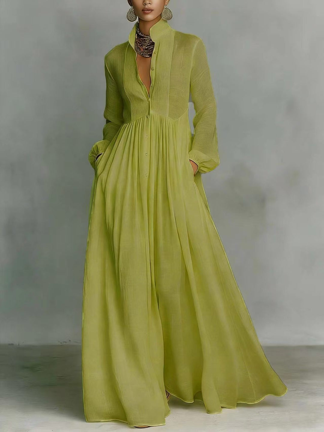Damen Maxikleid mit Stehkragen, Knopfleiste und seitlichen Taschen Drune