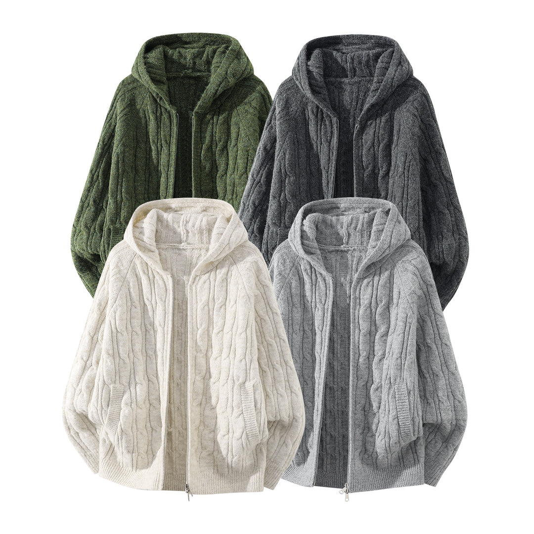Damen Oversize Kapuzen-Strickjacke mit Zopfmuster und teilbarem Reißverschluss Drune