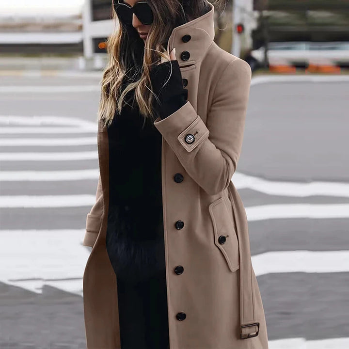 Damen modischer Trenchcoat mit hoch geschlossenem Kragen und praktischen Taschen Drune