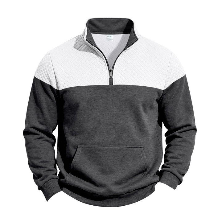 Herren Stehkragen-Sweatshirt mit Halbzip, gesteppter Schulterpasse und Kängurutasche Drune