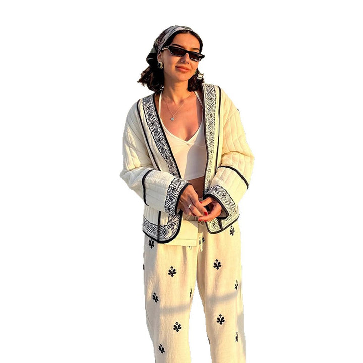 Damen Gestepptes Kimono-Cardigan mit geometrischer Stickbordüre Drune
