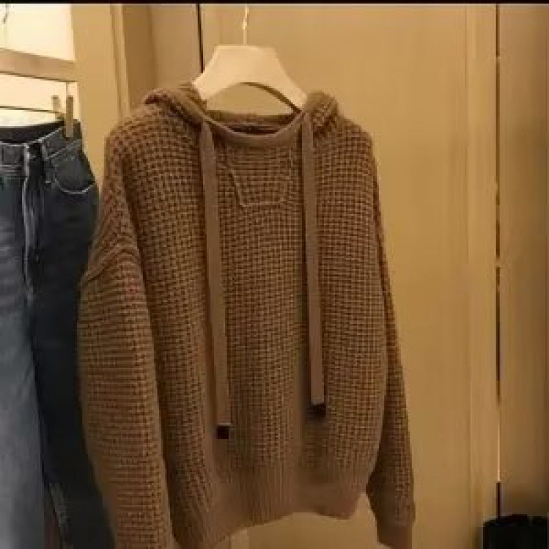 Damen Grob gestrickter Kapuzenpullover mit Waffelstruktur und Kordelzug Drune