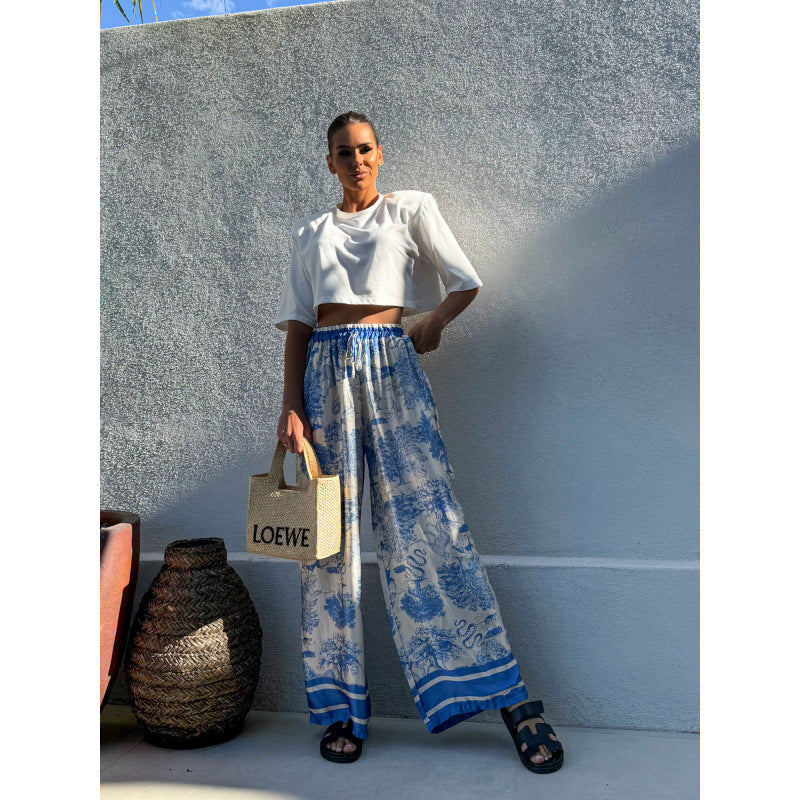 Damen Weite Sommerhose mit floralem Muster und elastischem Bund Drune