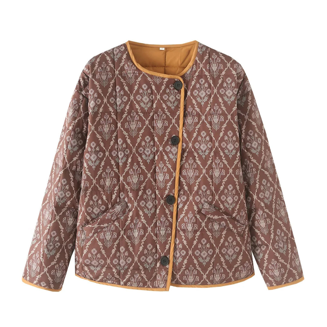Damen nan leichte gesteppte Jacquard-Steppjacke mit Rundhalsausschnitt, Kontrastpaspel und aufgesetzten Klappentaschen Drune