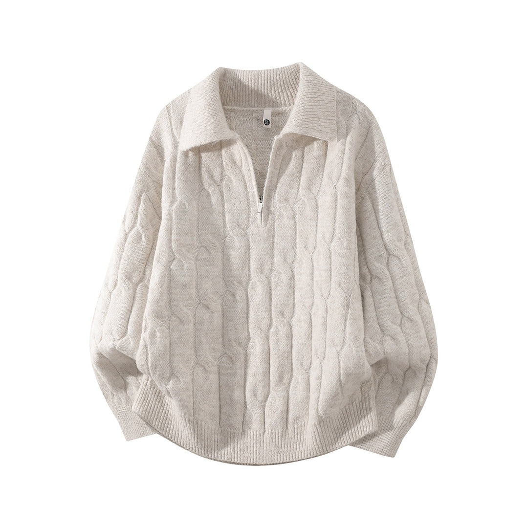 Unisex Oversize Zopfstrickpullover mit Halbreißverschluss und Hemdkragen Drune