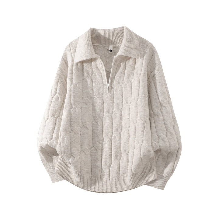 Unisex Oversize Zopfstrickpullover mit Halbreißverschluss und Hemdkragen Drune