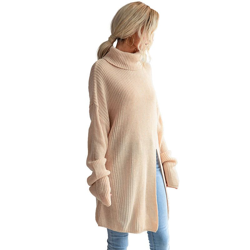Damen Langer Rollkragen-Strickpullover als Tunika mit hohem Seitenschlitz und Oversize-Ärmeln Drune