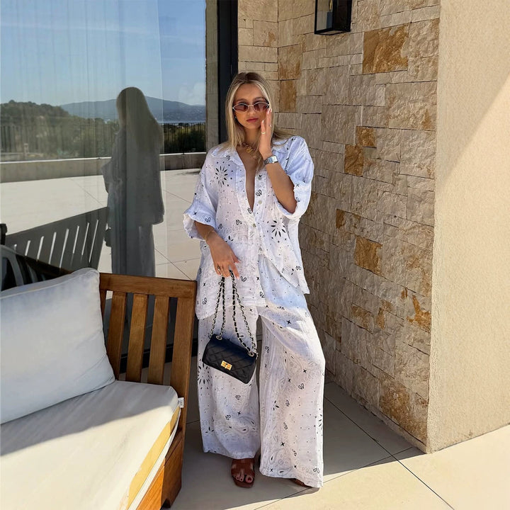 Damen nan luftiger Lochstickerei Strand-Zweiteiler mit Oversize-Hemd, Brusttasche und weiter Palazzohose Drune