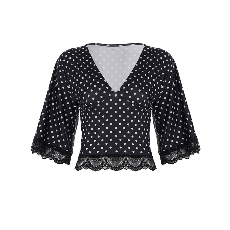 Damen Polka-Dot Blusenshirt mit Spitzenverzierung Drune