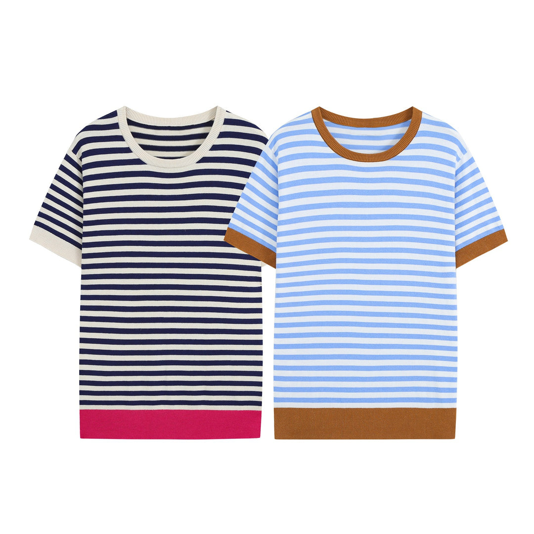 Damen Kurzärmeliges gestreiftes Ripp‑Strickshirt mit Kontrastbündchen Drune