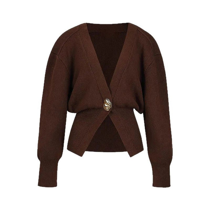 Damen 500+ Cropped‑Cardigan mit Taillenraffung, tiefem V‑Ausschnitt und großem Zierknopf Drune