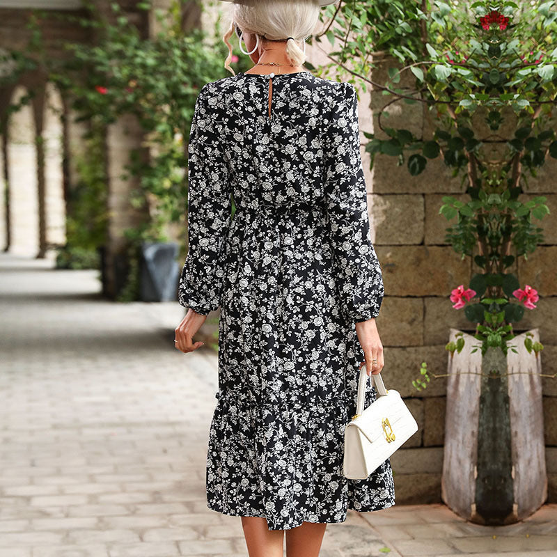 Damen Midikleid mit taillierter Silhouette, Perlen-Schnallen-Gürtel und Stufenrock Drune