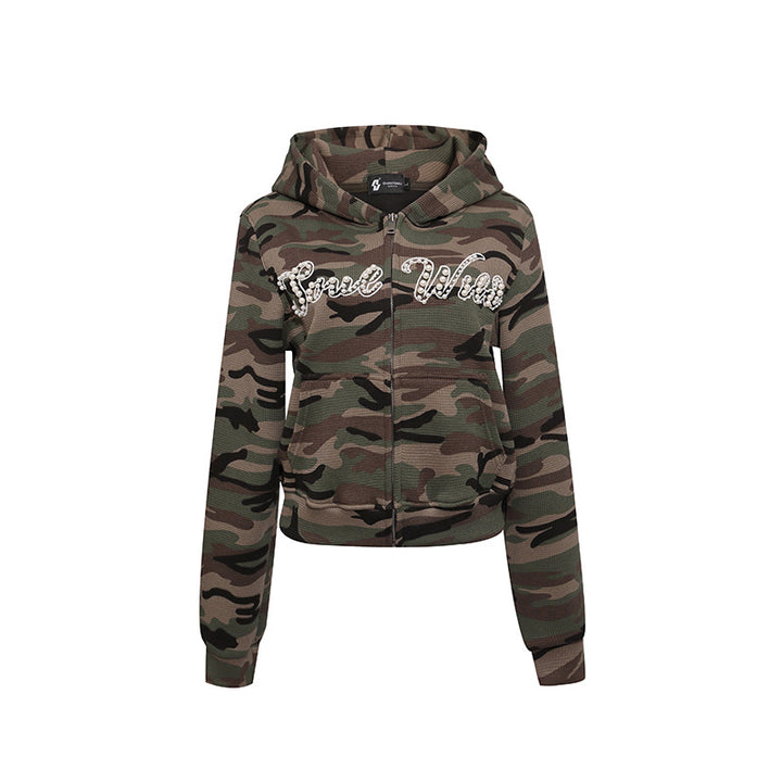 Damen Cropped Kapuzenjacke im Camouflage-Strukturstrick mit Perlen‑Schriftzug Drune