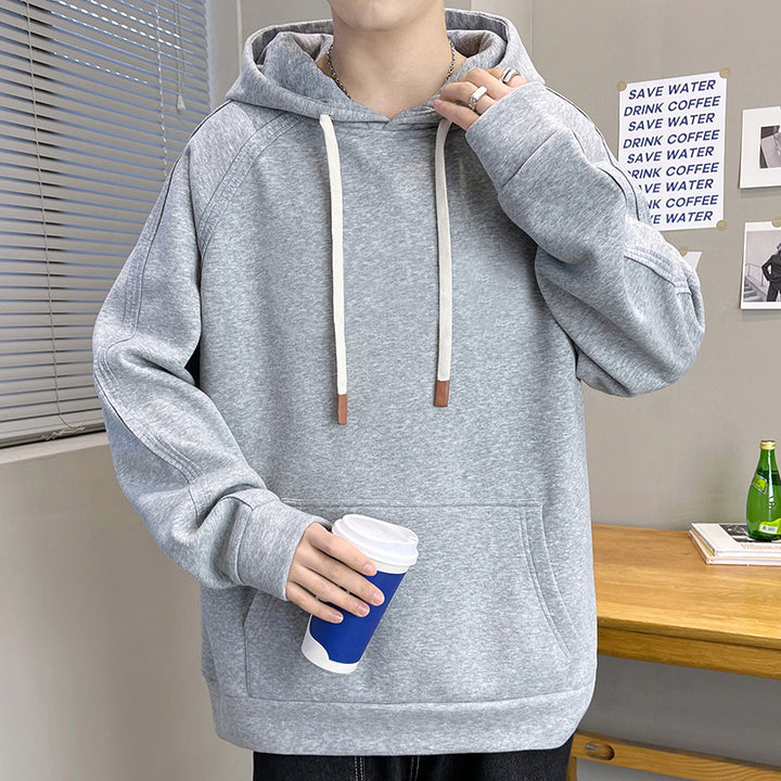 Herren Oversize Kapuzenpullover mit Kängurutasche Raglanärmeln und extra langen Kordeln Drune