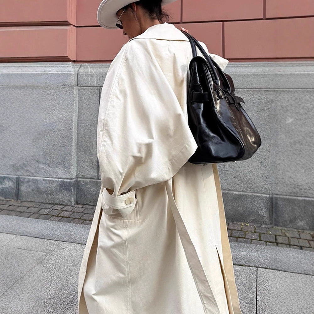 Damen Maxilanger taillierter Trenchcoat aus leichter Baumwollmischung mit Bindegürtel Drune