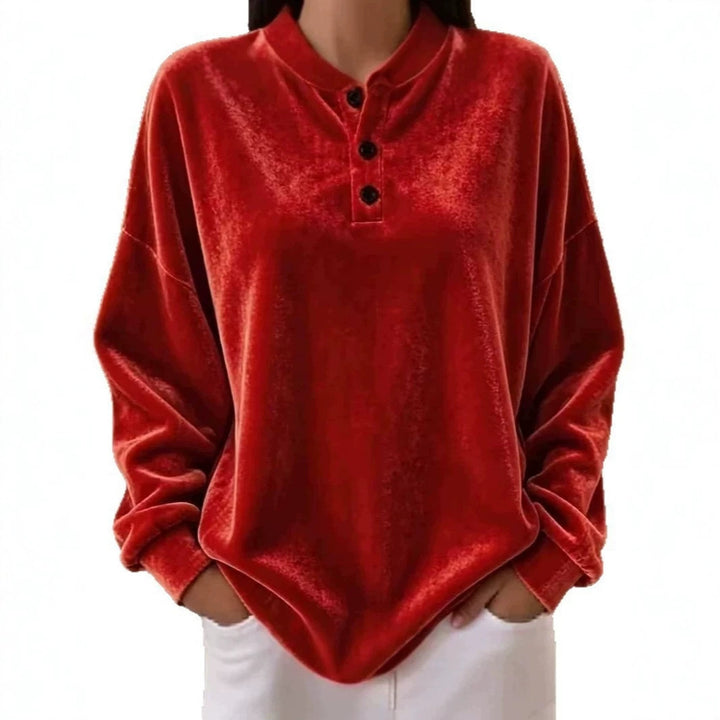Damen Lässiges Oversize Samt-Henleyshirt mit Knopfleiste Drune