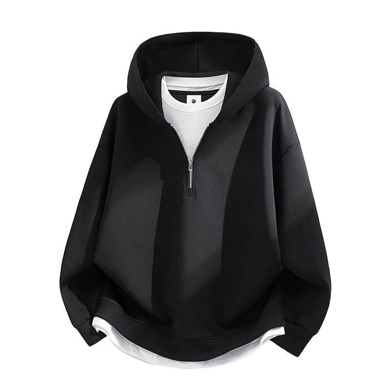 Unisex Oversize-Halbzip-Kapuzenpullover mit Lagen‑Optik, gerundetem Saum & gerippten Bündchen Drune