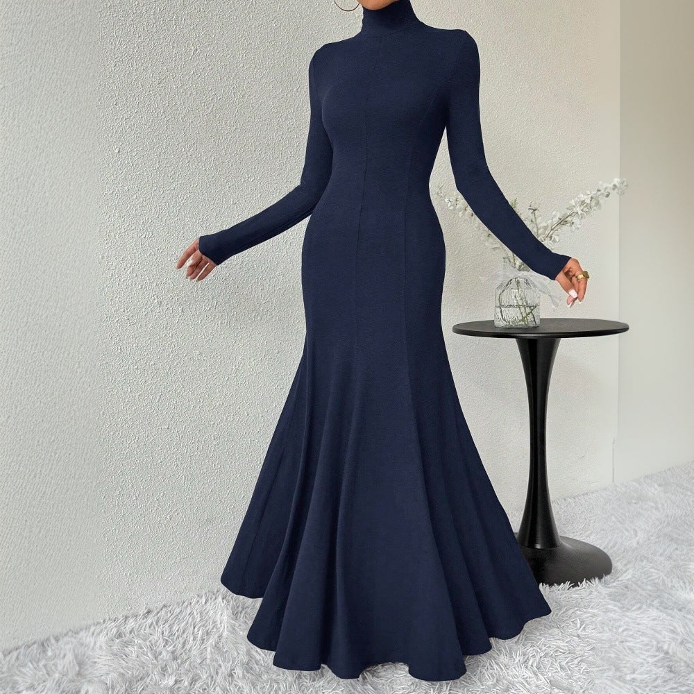 Damen figurbetontes Rollkragen-Maxikleid mit Meerjungfrauen-Silhouette, langen Ärmeln und formendem Stretch-Jersey Drune