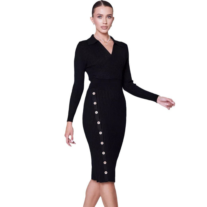 Damen Strickkleid mit klassischem Kragen und Knopfdetails Drune