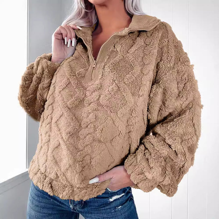 Damen Kuscheliger Fleece-Pullover mit halbem Reißverschluss und Volumenärmeln Drune