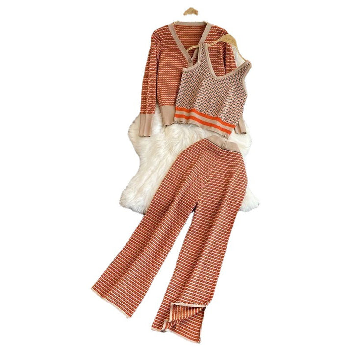 Damen stylisches Strick-Loungewear-Set mit tiefem V-Ausschnitt und weit geschnittenen Hosen Drune
