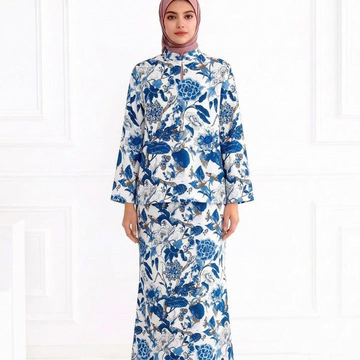 Damen Zweiteiliges Modest-Set aus Tunika mit Stehkragen und geradem Maxirock mit Blumenprint Drune