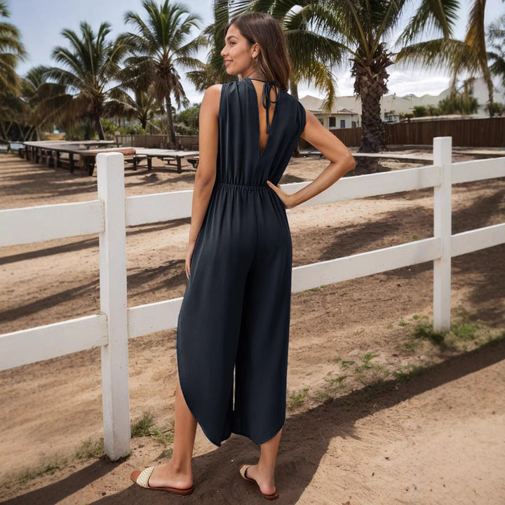 Damen Modischer Jumpsuit mit elegantem V-Ausschnitt und weitem Bein Drune