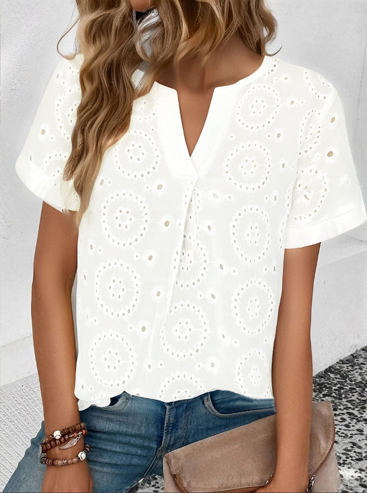 Damen Bluse mit floralen Lochstickereien und V-Ausschnitt Drune