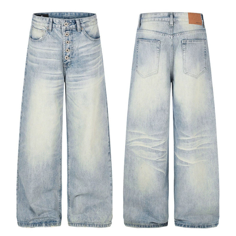 Damen High‑Waist weite Denim‑Palazzo‑Jeans mit Knopfleiste und Used‑Waschung Drune