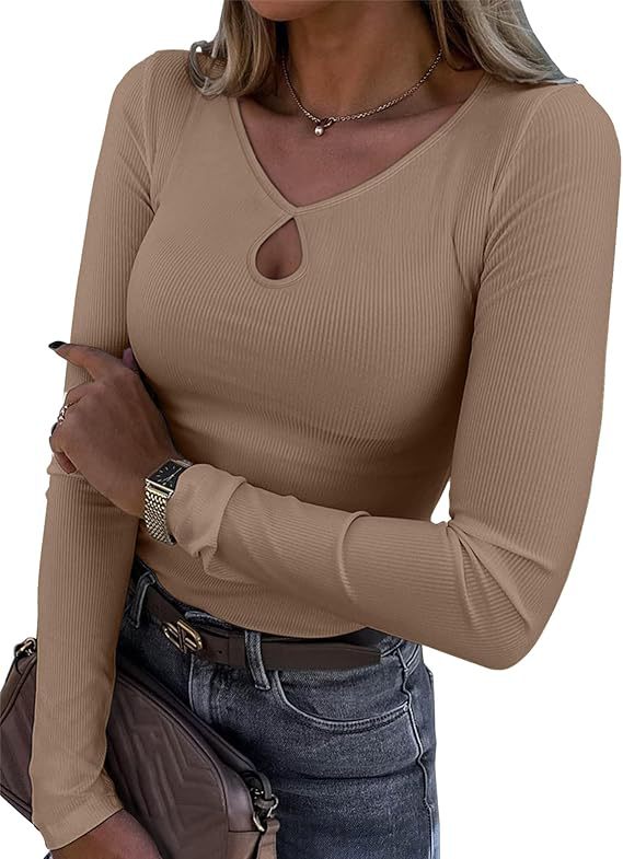 Damen Tailliertes geripptes Langarmshirt mit V-Ausschnitt und Tropfen-Cut-Out Drune
