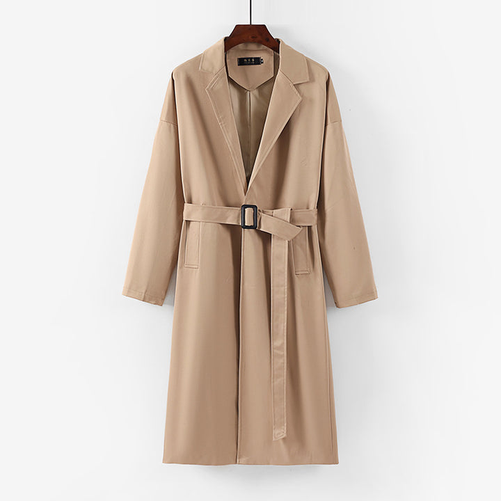 Damen Longline Trenchcoat mit Taillengürtel und fallendem Revers Drune