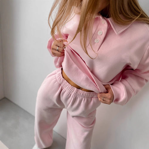 Damen Sportliches Loungewear-Set mit weiten Hosen und modischem Kragen