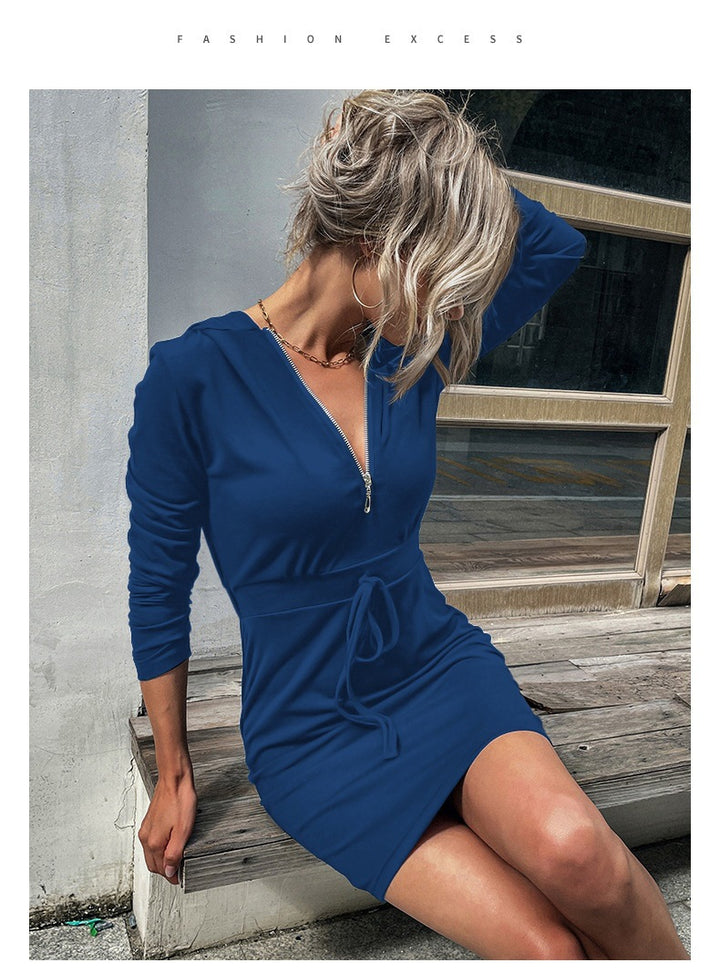 Damen sportliches Kleid mit Reißverschluss und regulierbarem Gürtel Drune
