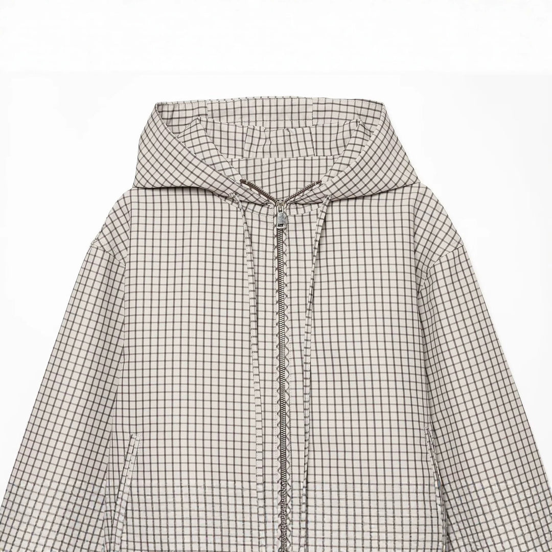 Damen Karierter Cropped‑Windbreaker mit Kapuze, Tunnelzug und Reißverschluss Drune