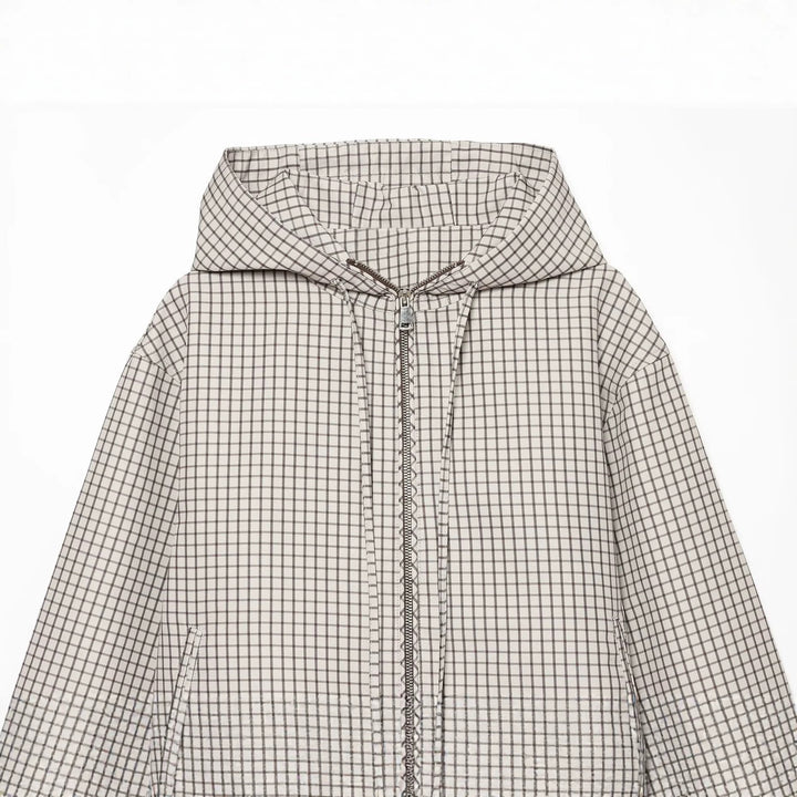 Damen Karierter Cropped‑Windbreaker mit Kapuze, Tunnelzug und Reißverschluss Drune