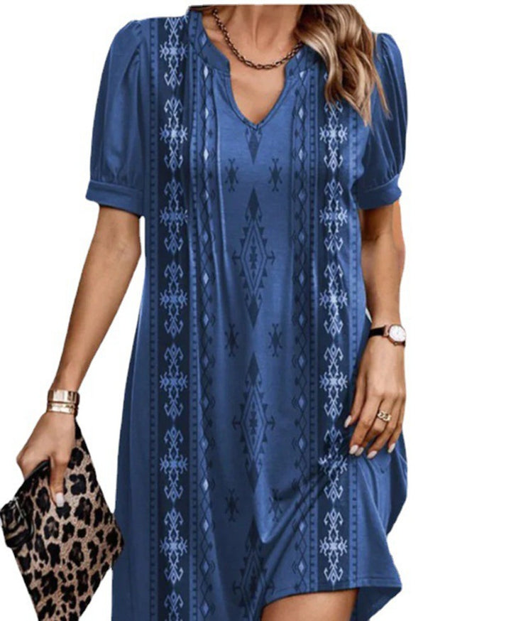 Damen nan locker geschnittenes A-Linien-Kurzkleid mit V-Ausschnitt, Volumenärmeln und vertikalem Ethno-Print Drune