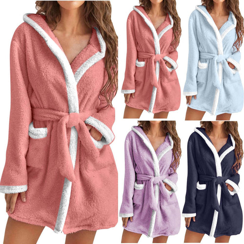 Damen kuscheliger Fleece-Bademantel mit Kapuze und Taschen Drune