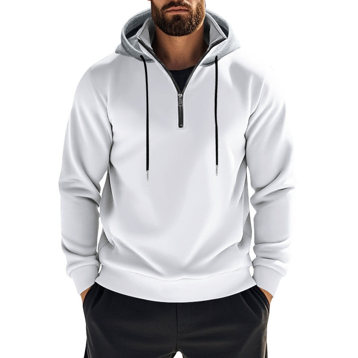 Herren nan sportives Kapuzen-Sweatshirt mit kurzem Frontreißverschluss, kontrastgefütterter Kapuze und elastischen Rippbündchen Drune