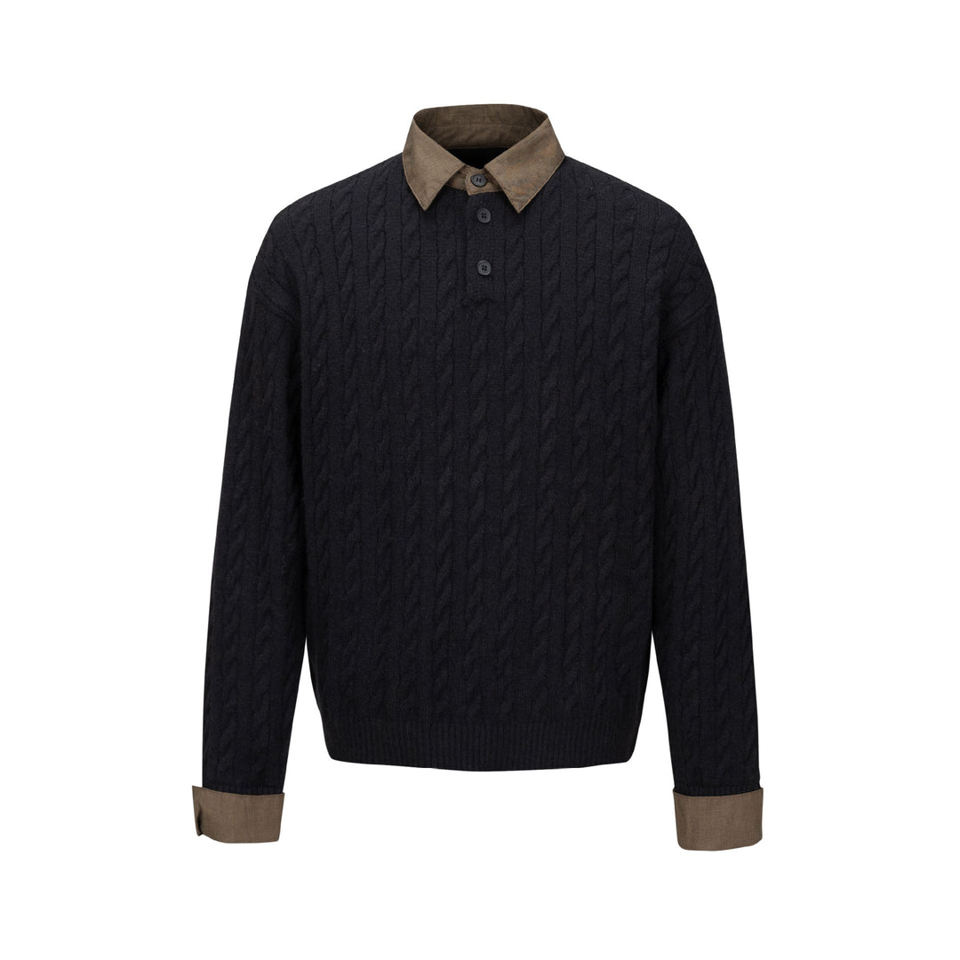 Herren Strukturierter Strickpullover mit integriertem Hemdkragen und Dreiknopf‑Leiste Drune