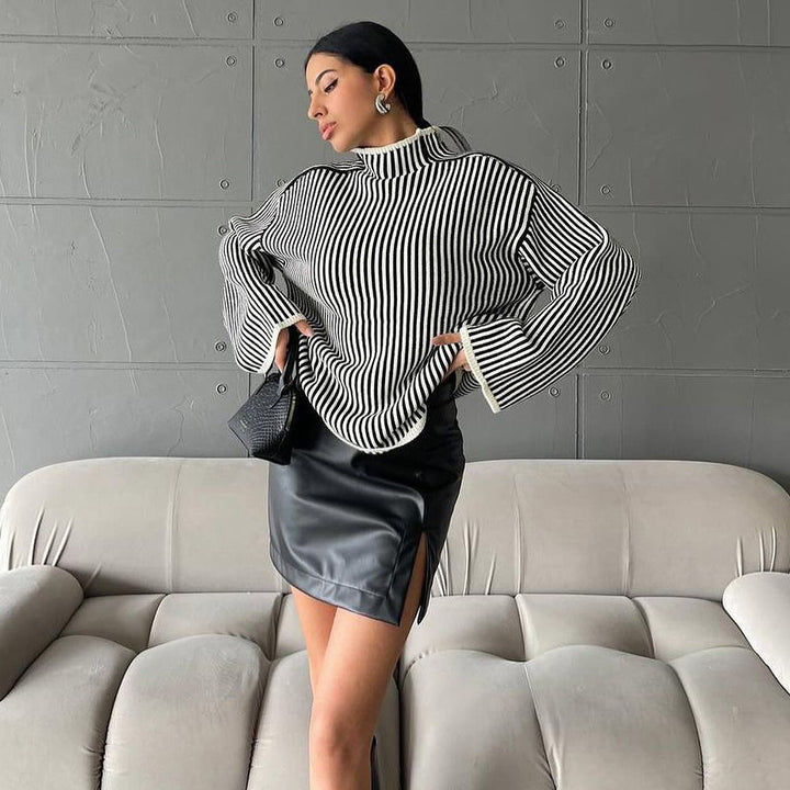 Damen Strickpullover mit lässigem Stehkragen und eleganten Streifen Drune