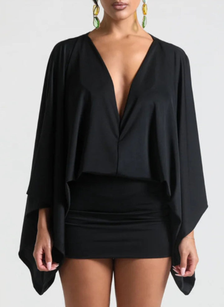 Damen nan Cape-Minikleid mit tiefem V-Ausschnitt, Fledermausärmeln und tailliertem Minirock Drune