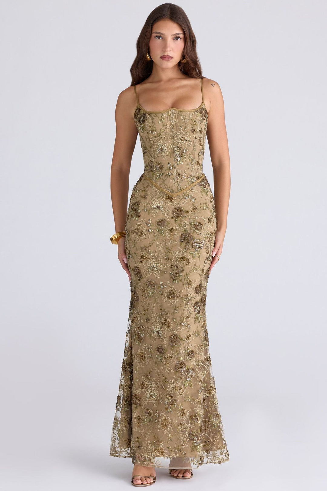 Damen nan elegantes besticktes Abendkleid mit Korsettoberteil und transparentem Spitzenüberzug Drune