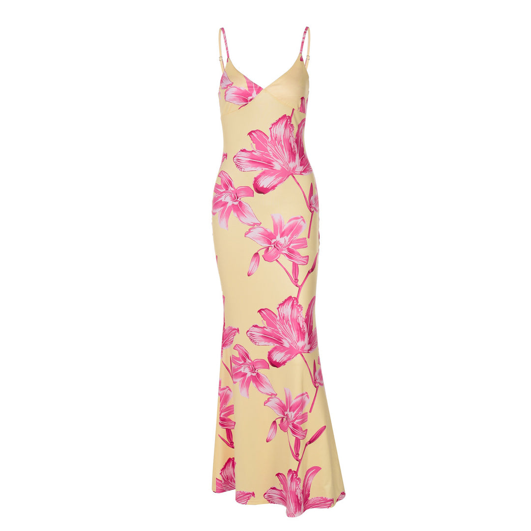 Damen Maxikleid mit Blumenmuster und schmalen Spaghettiträgern Drune